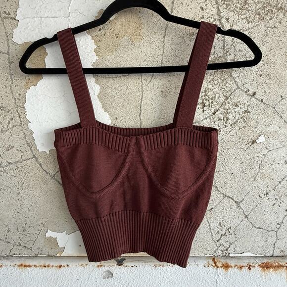 Zara Ribbed Knit Corset Tank Brown Sleeveless Cropped Bustier Style Size M - Picture 2 of 5